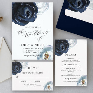Chic Navy Blue Peony Floral Wedding Carte RSVP