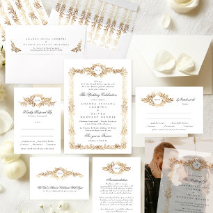 Invitation cadre botanique doré élégant monogramme mariage