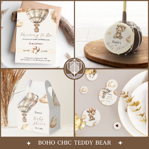 Invitation Boho Beige Bear Hot Air Ballods Baby shower nuages