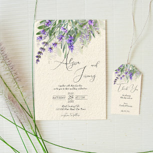 Invitation Lavande rustique sur mariage en bois blanc