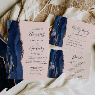 Invitation Mariage Moderne Rose Gold et Bleu Nuit Agate
