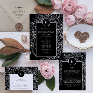 Invitation Elégante Tuxedo Noir brillant Monogramme Blanc Wre