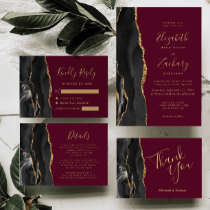 Invitation Black Gold Agate Bourgogne Rouge Mariage