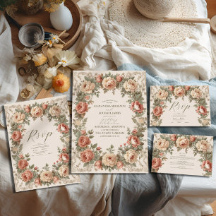 Invitation Olive & Orange Mariage Vintage Art Nouveau Floral