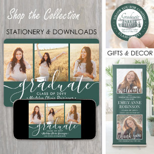 Invitation 4 Photo Collage Green and White Graduation Party