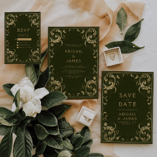 Carte D'accompagnement Vintage cadre Olive Green Gold Wedding RSVP