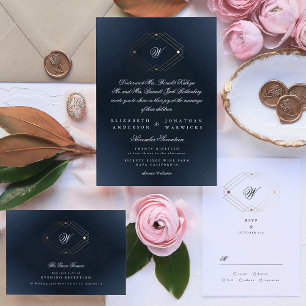 Invitation Mariage d'or géométrique moderne de marine simple