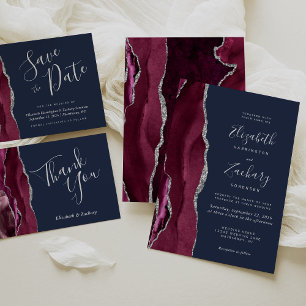 Invitation Moderne Burgundy Argent Agate Marine Mariage bleu