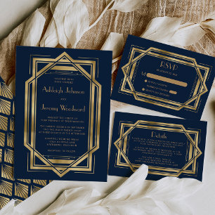 Carte D'accompagnement Vintage 1920s Déco Marine Blue Gold Wedding RSVP