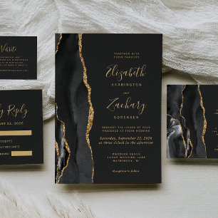 Invitation Mariage foncé moderne Noir Or Agate