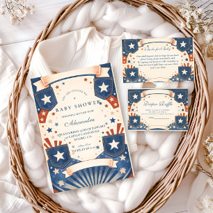 Invitation Fête de Bébé Garçon Vintage Denim Stars Américaine