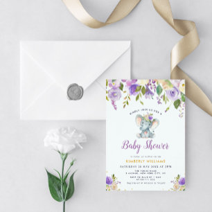 Invitation petit baby shower fleuri violet d'éléphant
