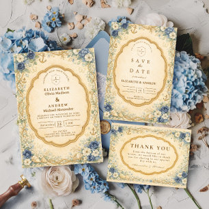 Invitation Mariage champêtre nautique vintage avec du bleu ma