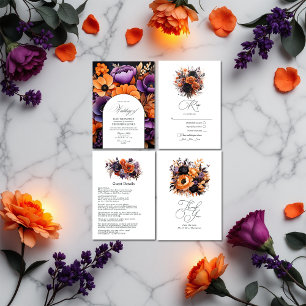 Carte De Remerciements Orange brûlé, violet foncé et Mariage floral noir