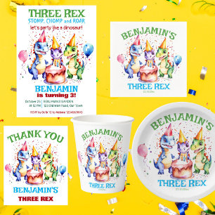 Sticker Rond Trois rex mignon dinosaures fête d'anniversaire en