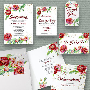 Invitation Vintage Rouge Roses Or Confetti Floral Quinceanera