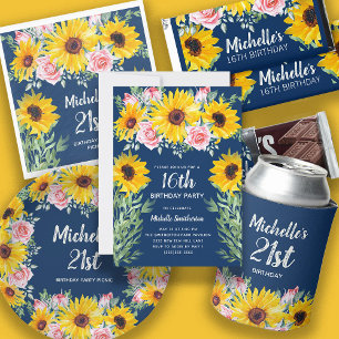 Invitation Roses roses Tournesols Bleu Marine 21e anniversair