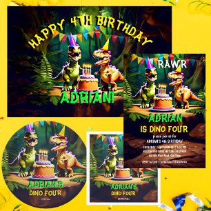 Sticker Rond Dino quatre dinosaures anniversaire merci faveur