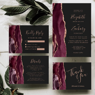 Cartons Réponse Burgundy Rose Gold Agate Mariage Sombre