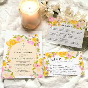 Invitation Boho Jaune arc rose floral chic mariage
