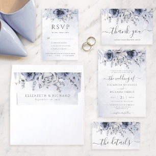 Carte D'accompagnement Dusty Blue Watercolor Détails du Mariage Floral