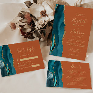 Invitation Turquoise Or Agate Brûlé Orange rouille Mariage