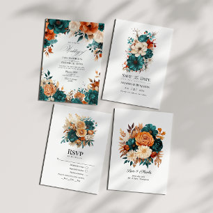 Carte De Remerciements Mariage Floral Teal Orange Brûlé & Champagne