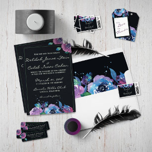 Invitation Mariage floral bleu profond pourpre