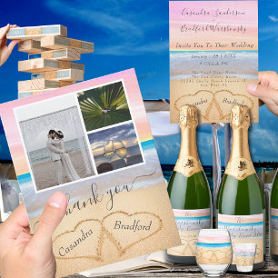 Carte Postale Chic Dusty Blue Hearts Sand Beach Wedding RSVP
