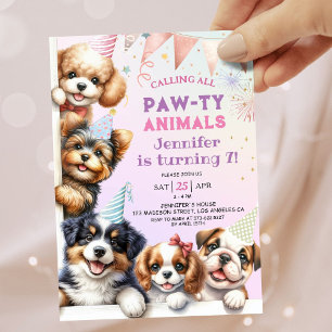 Invitation Girls Puppy Lets Pawty 7ème anniversaire Invitatio