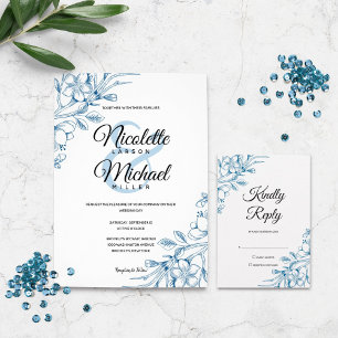 Invitation Mariage Floral bleu classique