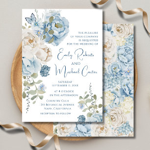 Invitations En Vélin Mariage floral romantique bleu Dusty