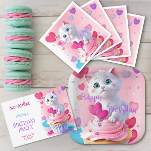 Invitation Fille mignonne Kitten blanc et Cupcake fête d'anni