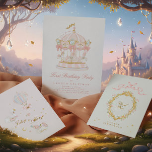 Invitation Fairytale Blush Rose Girl Carousel fête d'annivers