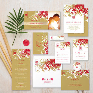 Invitation Feuilles en bambou rouge double Xi Mariage chinois