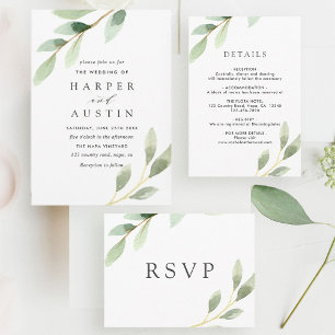 Invitation Carte Postale Mariage botanique du feuillage vert RSVP