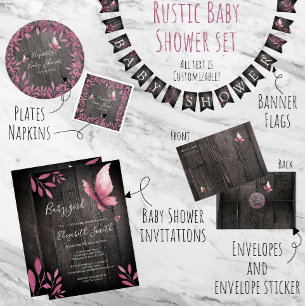 Invitation Rustique aquarelle rose papillon fille babyshower