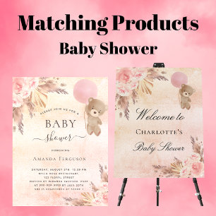 Invitation Baby shower fille pampas herbe ourson en peluche a