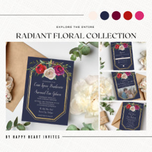 Invitation Radial Floral Navy Blue Burgundy Photo Mariage