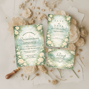 Cartons Réponse Quinceañera Florale Verte et Or Jardinière