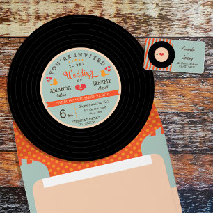Invitation Moderne Retro Vinyl Record Orange Sky Blue Mariage