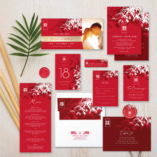 Invitation Feuilles en bambou blanc rouge double Xi Mariage c