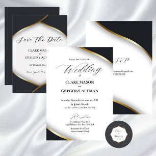 Sticker Rond Élégant Mariage Black White Gold