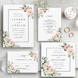 Invitation Carré de Mariage en fleurs roses blanches