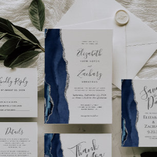 Invitation Mariage moderne Marine Blue Silver Agate