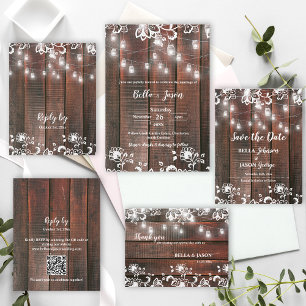 Invitation Carte Postale Rustic Wood With String Lights Wedding Invite