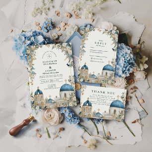 Cartons Réponse Mariage botanique aux dômes bleus de Santorin