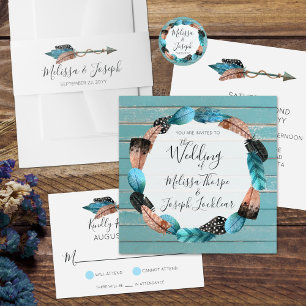 Sticker Rond Rustique Turquoise Mariage Boho en plume Wreath