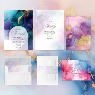 Invitation Mariage d'encre d'alcool doux Pastel bleu et or