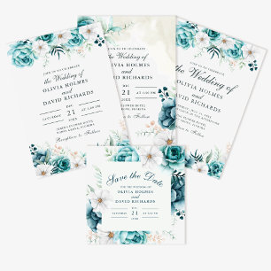 Invitation Mariage floral Turquoise non blanc moderne